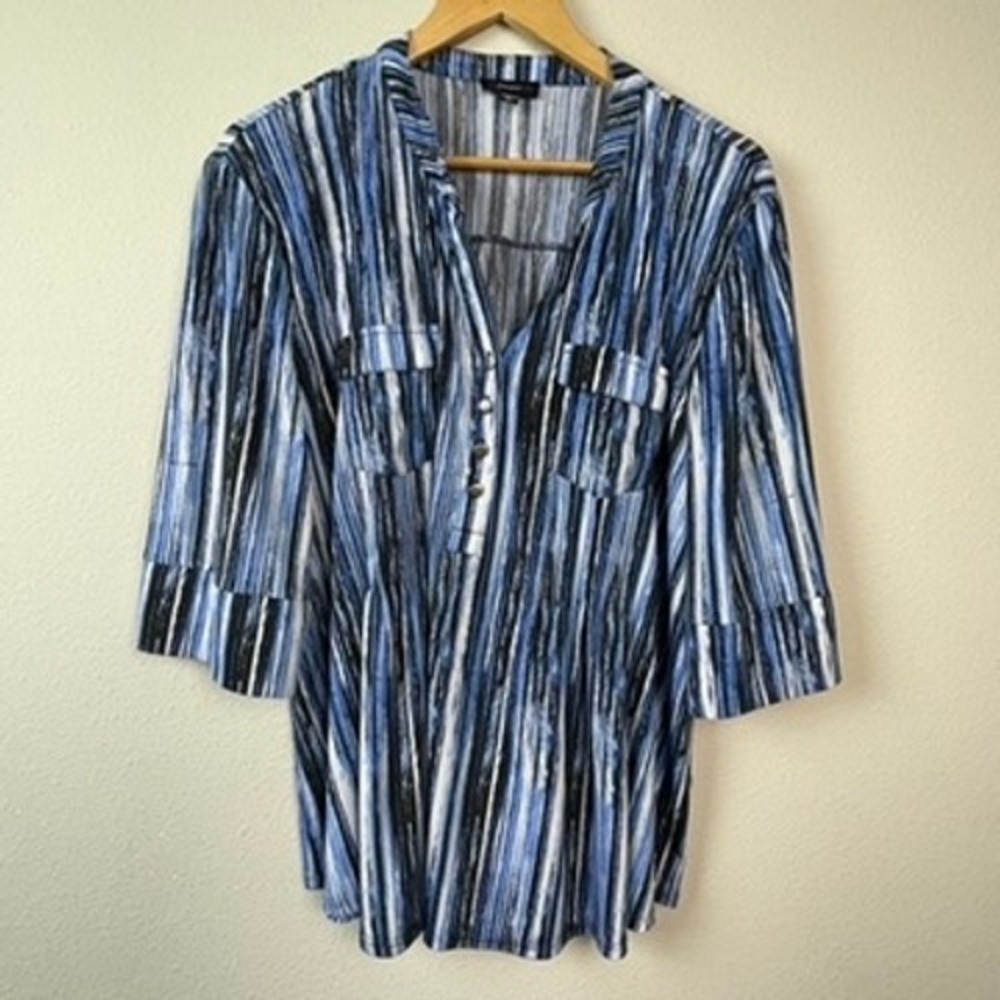 Cocomo Abstract Stripe Tunic Women XL Blue Black Everyday 3/4 Sleeve Blouse